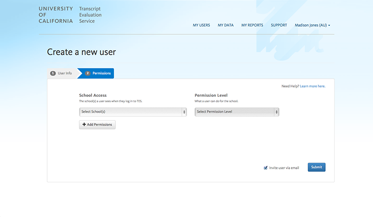Create new user permissions screenshot